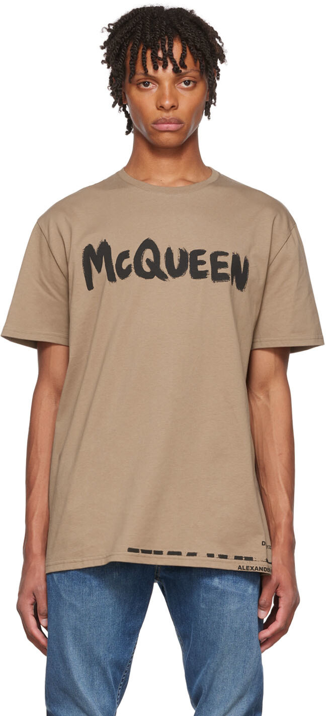 

Бежевая футболка с граффити Alexander McQueen, Бежевый