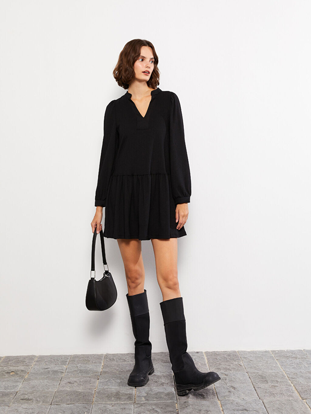 

Женское платье прямого кроя с длинным рукавом и свободным воротником LCW Casual