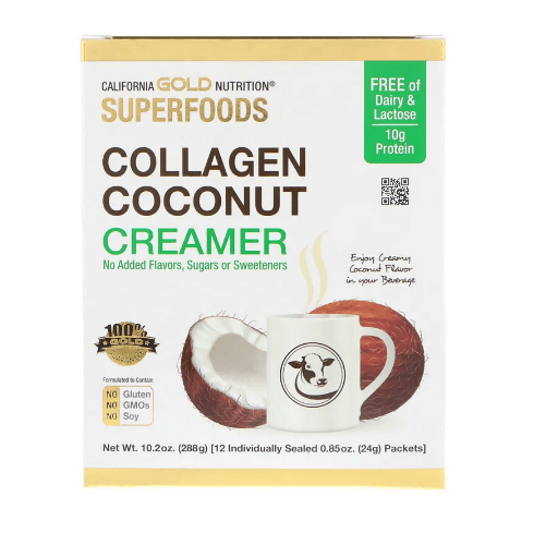 Коллагеновые кокосовые сливки в порошке 12 пакетиков по 24 г California Gold Nutrition SUPERFOODS codeage гидролизованные пептиды коллагена нейтральный вкус 567 г 20 унции