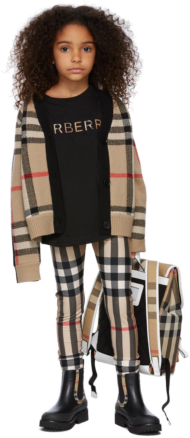 

Детская черная футболка с вышитым логотипом в винтажную клетку Burberry
