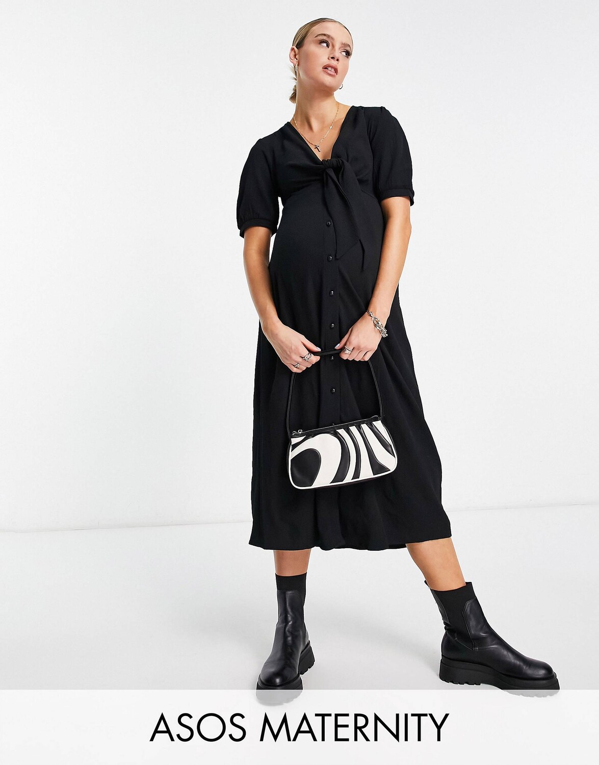 

Черное платье миди с завязками спереди и пуговицами ASOS DESIGN Maternity