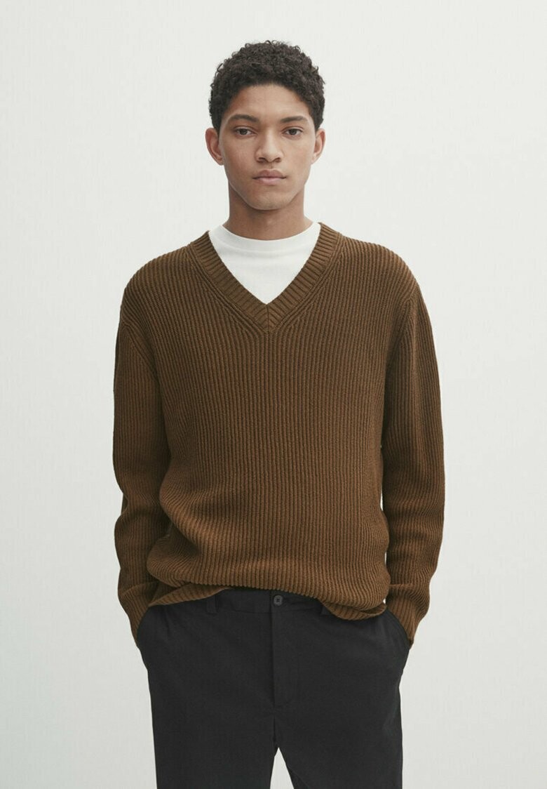 

Вязаный свитер TEXTURED V-NECK Massimo Dutti, цвет brown