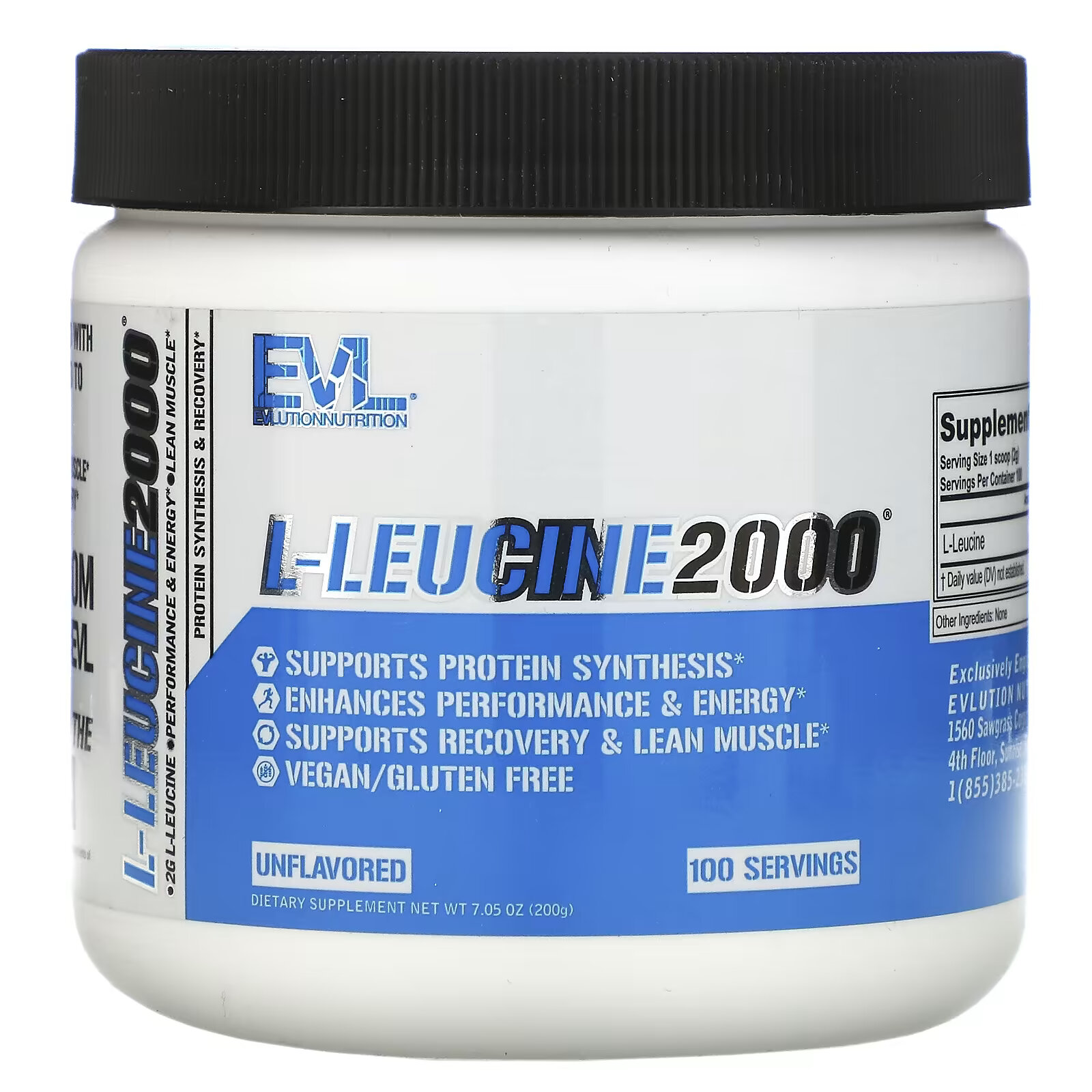 EVLution Nutrition, L-лейцин 2000, без добавок, 200 г (7,05 унции) evlution nutrition creatine5000 без добавок 300 г 10 58 унции