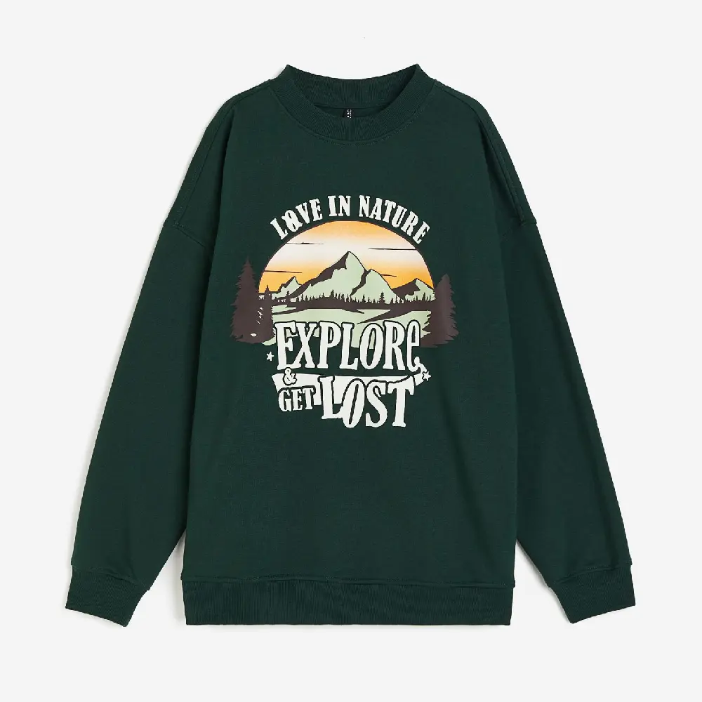 

Свитшот H&M Oversized With Motif Mountain, темно-зеленый