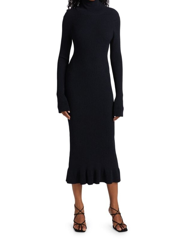 

Облегающее платье с оборками и водолазкой GANNI Dark navy
