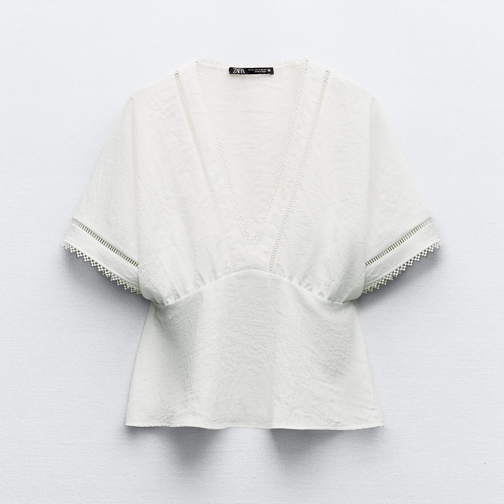 Топ Zara Wide Sleeve With Lace Trims, белый