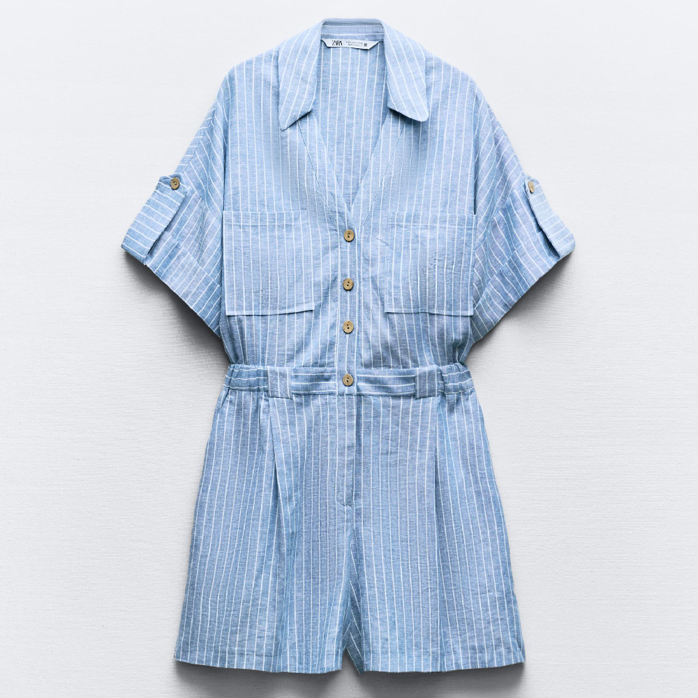 Комбинезон Zara Striped Linen Blend, голубой/белый рубашка zara striped linen cotton blend бирюзовый белый