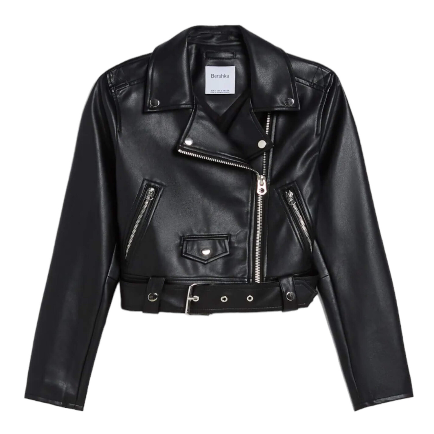 

Куртка Bershka Belted Faux Leather Biker, черный