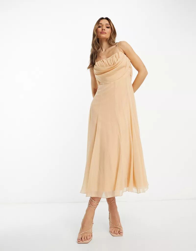 Корсетное платье миди теплого коричневого цвета с корсетом ASOS с мягким вырезом-хомутом спереди