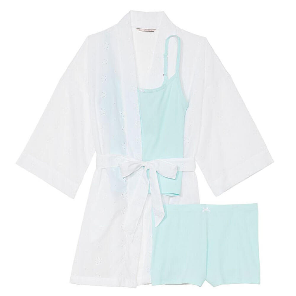 

Хлопковый пижамный комплект Victoria's Secret Cotton, 3 предмета, белый/голубой