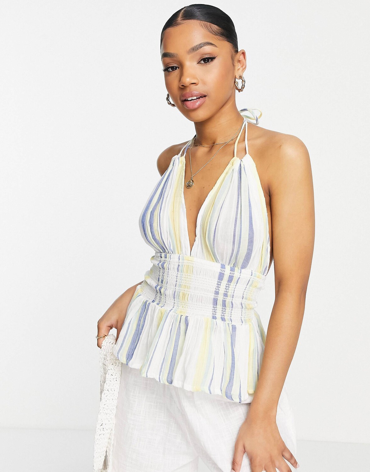 

Солнцезащитный топ с присборенной талией в полоску ASOS DESIGN