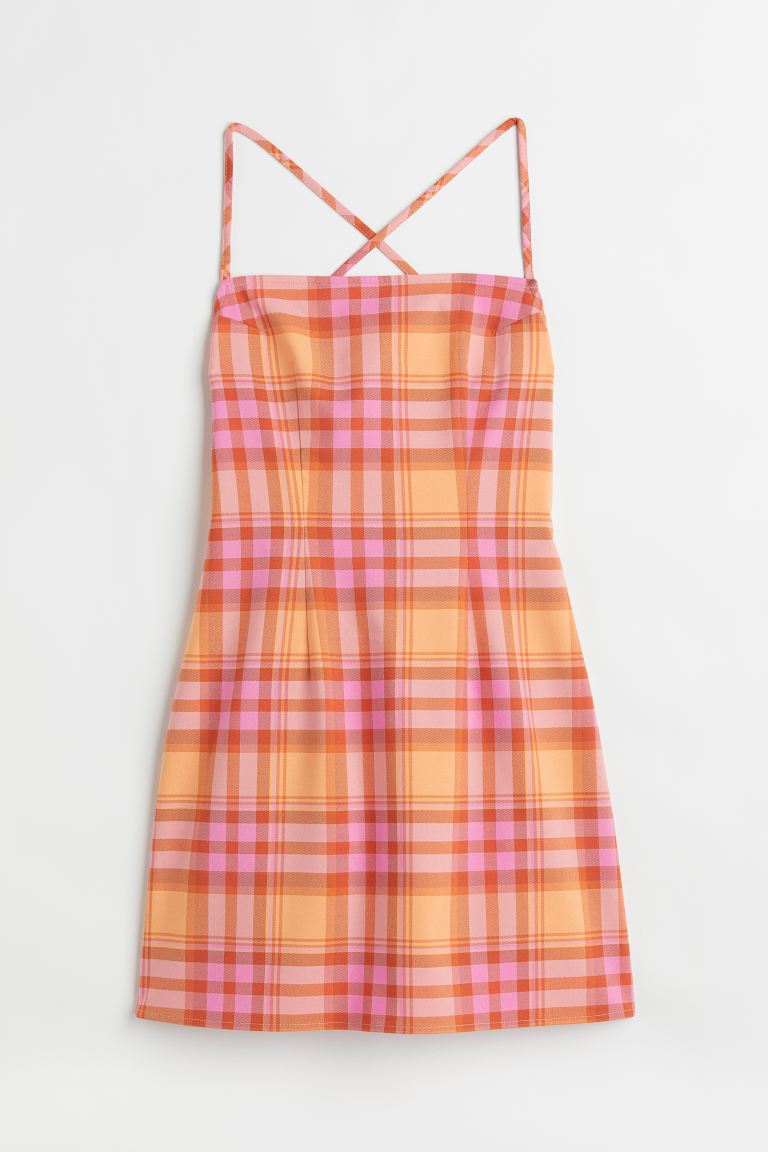 Платье из твила H&M, оранжевый/клетка короткое платье с рукавами 34 l оранжевый
