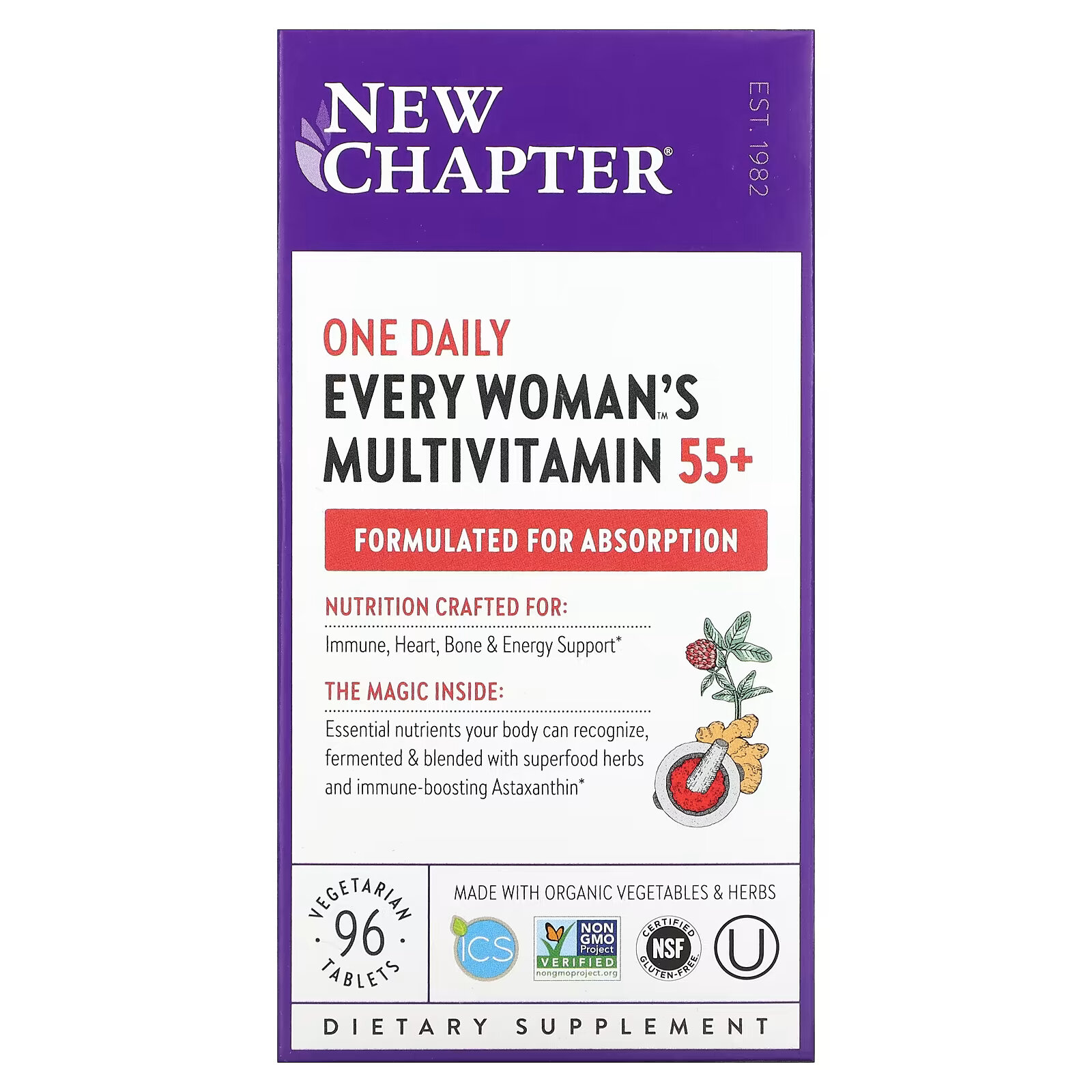 цена New Chapter, 55+ Every Woman's One Daily, витаминный комплекс на основе цельных продуктов для женщин старше 55 лет, 96 вегетарианских таблеток