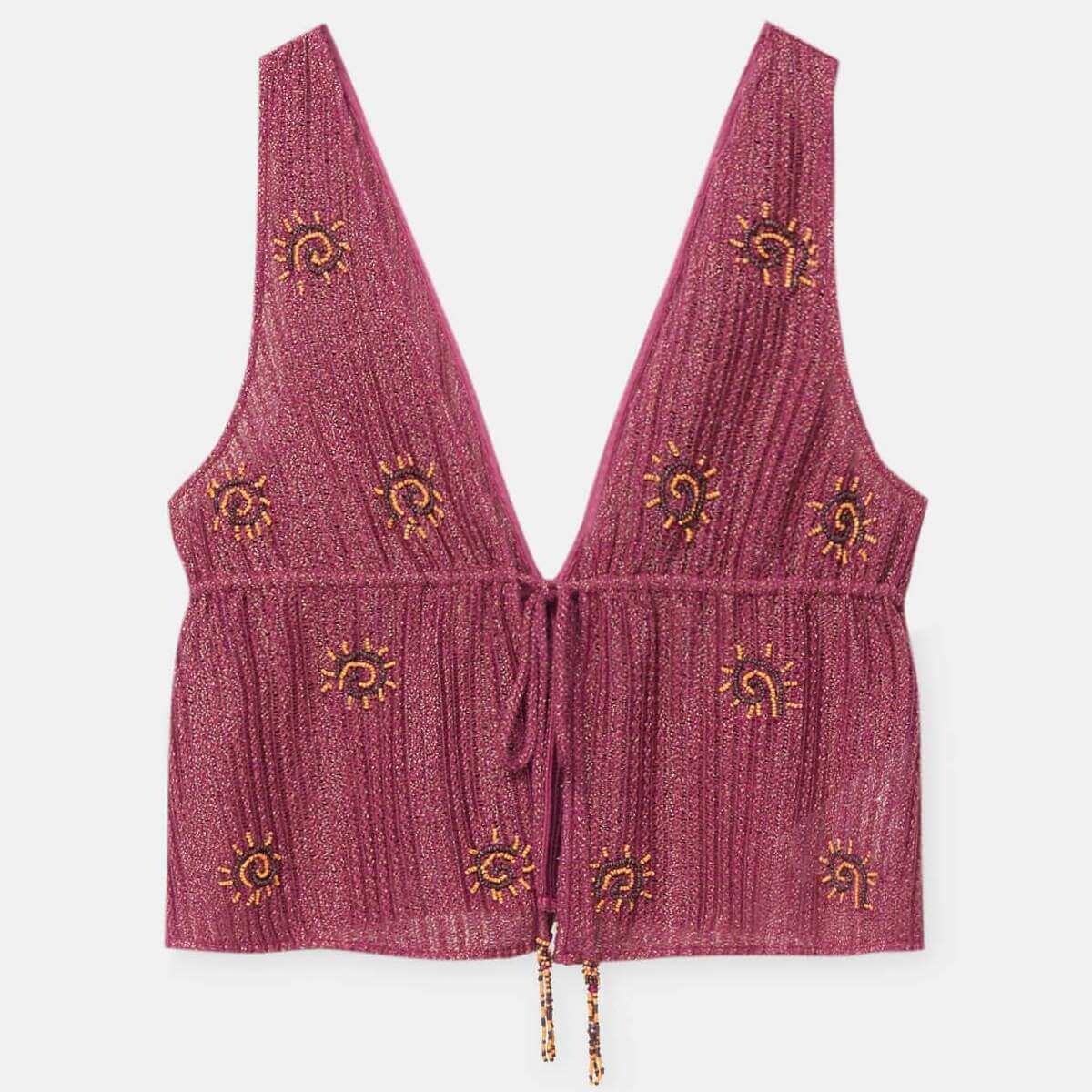 

Топ Pull&Bear Embroidered Rustic, темно-бордовый