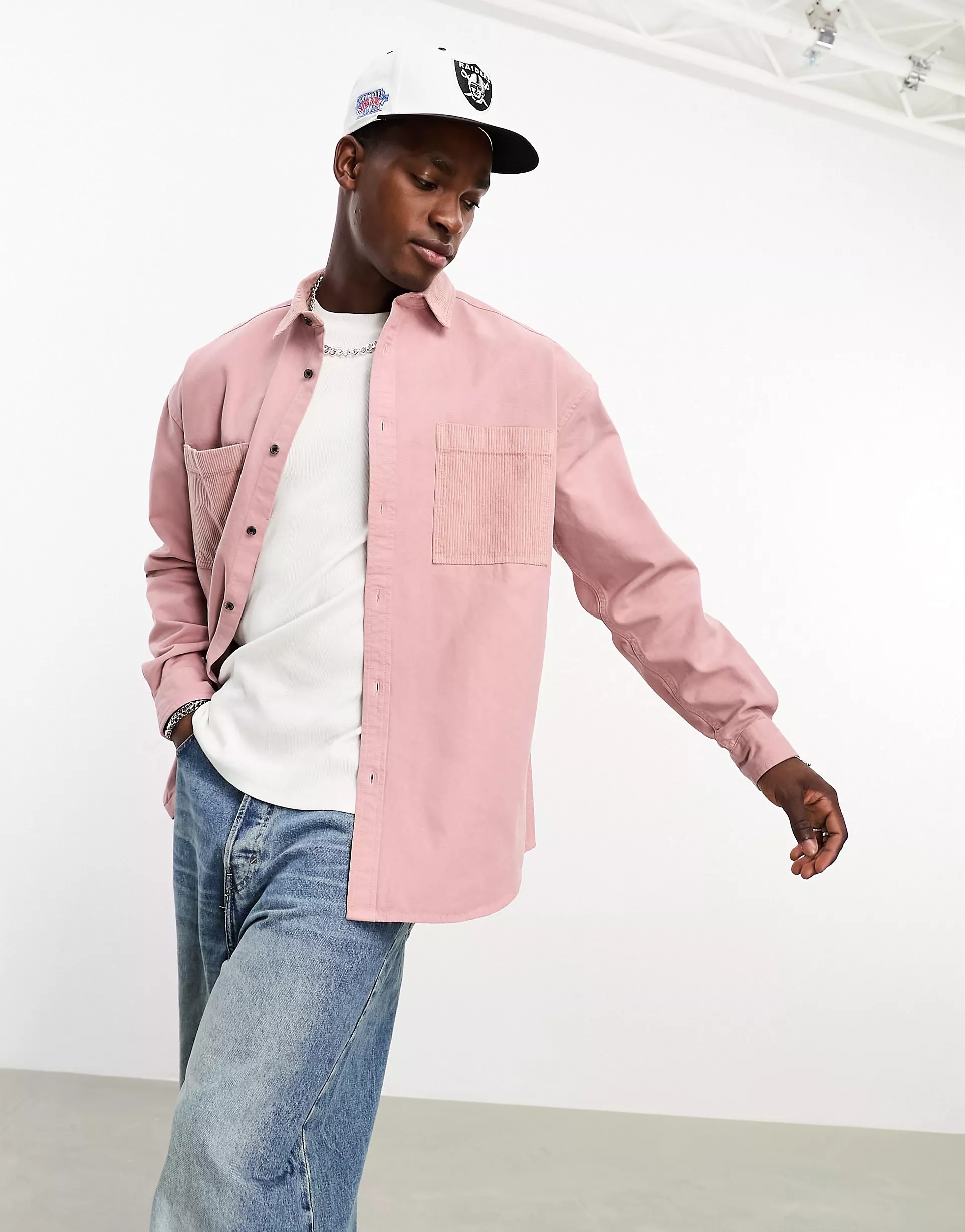 Рубашка Asos Design 90s Oversized With Cord Patch Pockets, розовый рубашка zara satin with patch pockets кремовый