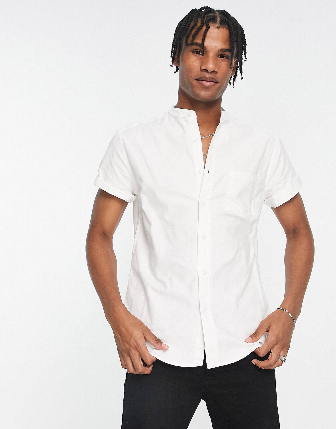 

Белая приталенная оксфордская рубашка с воротником-стойкой ASOS DESIGN - WHITE