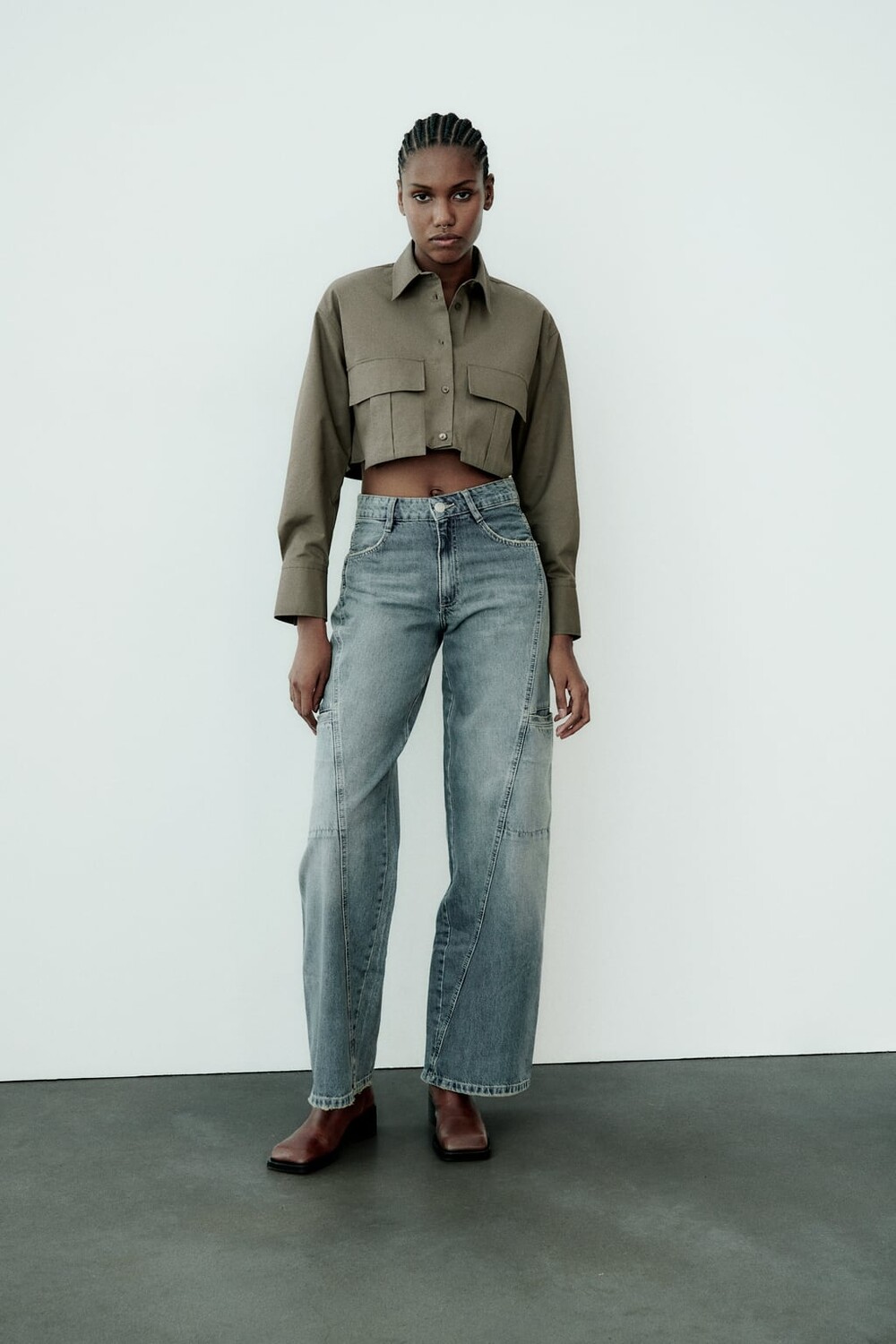

Укороченная рубашка из габардиновой ткани ZARA, хаки