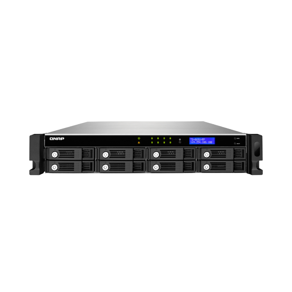 Серверное сетевое хранилище QNAP TS-869U-RP, 8 отсеков, 2 ГБ, без дисков, черный сетевое хранилище qnap ts 832pxu rp 4g 8 3 5 2 5 2 10 gbe sfp 2 2 5 gbe стоечное исполнение 2