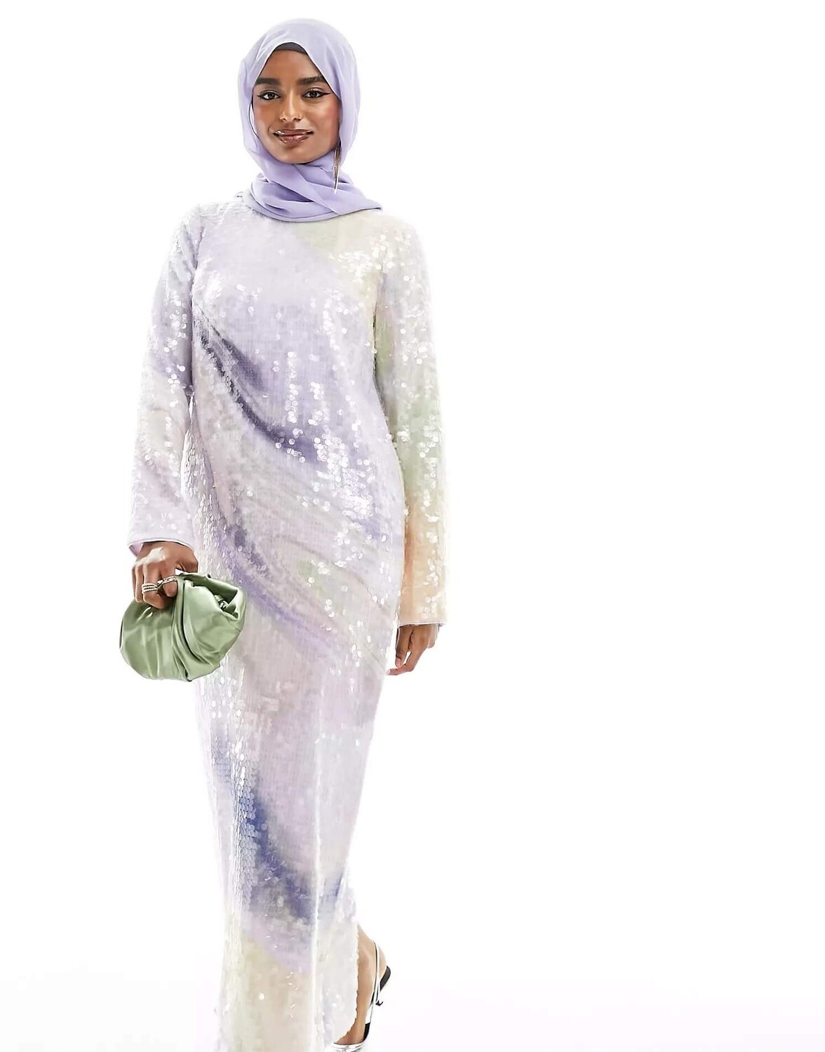 

Платье-макси Asos Edition Sequins Long Sleeves Pastel Style, белый/сиреневый