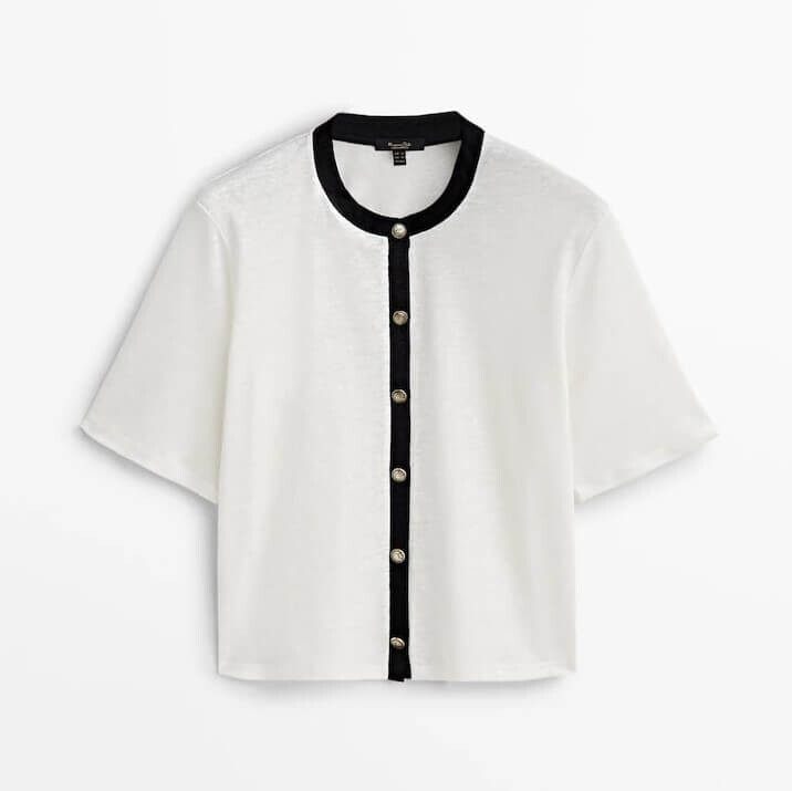 

Футболка Massimo Dutti Contrast Buttoned Linen, белый/черный
