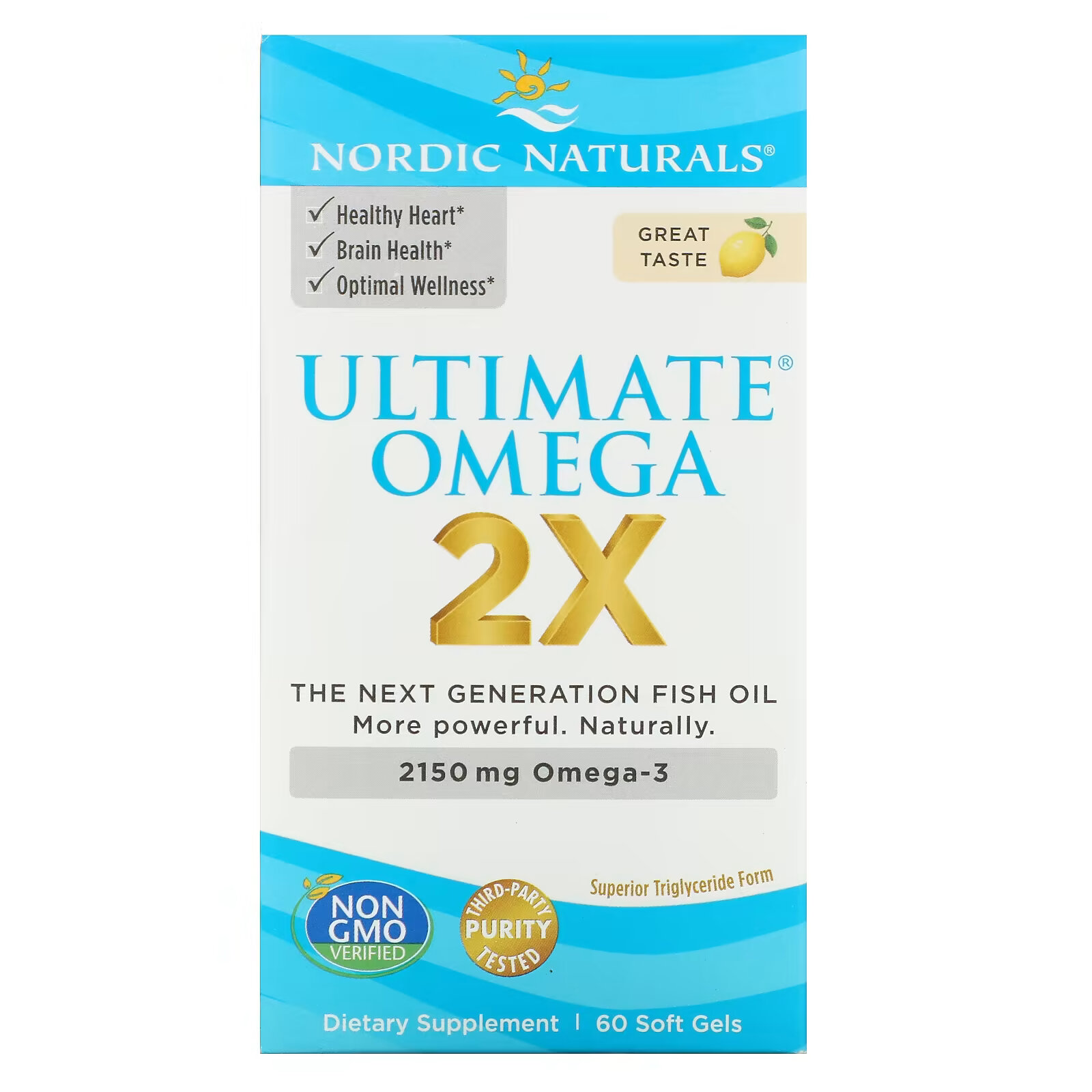 цена Nordic Naturals, Ultimate Omega 2X, со вкусом лимона, 1075 мг, 60 капсул