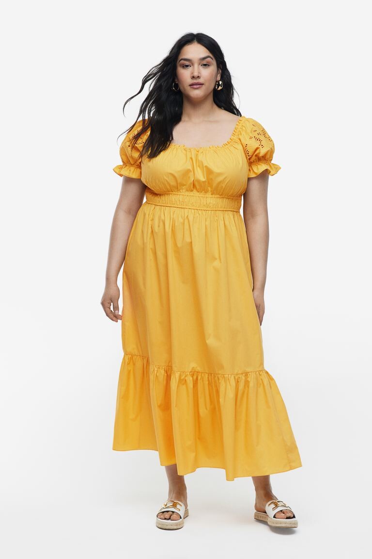 

Хлопковое платье с открытыми плечами H&M, желтый