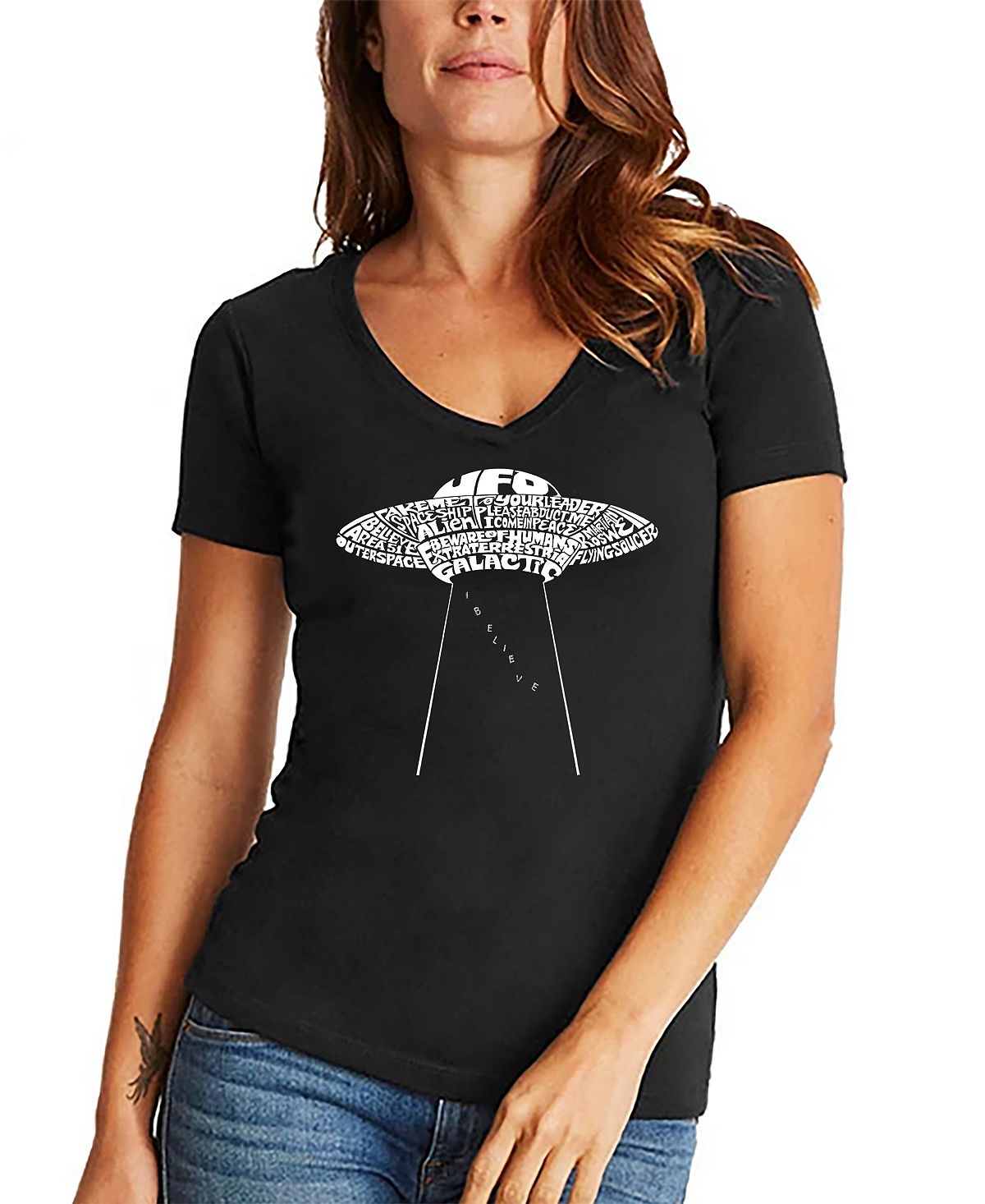 Женская футболка word art flying saucer ufo с v-образным вырезом LA Pop Art, черный цена и фото