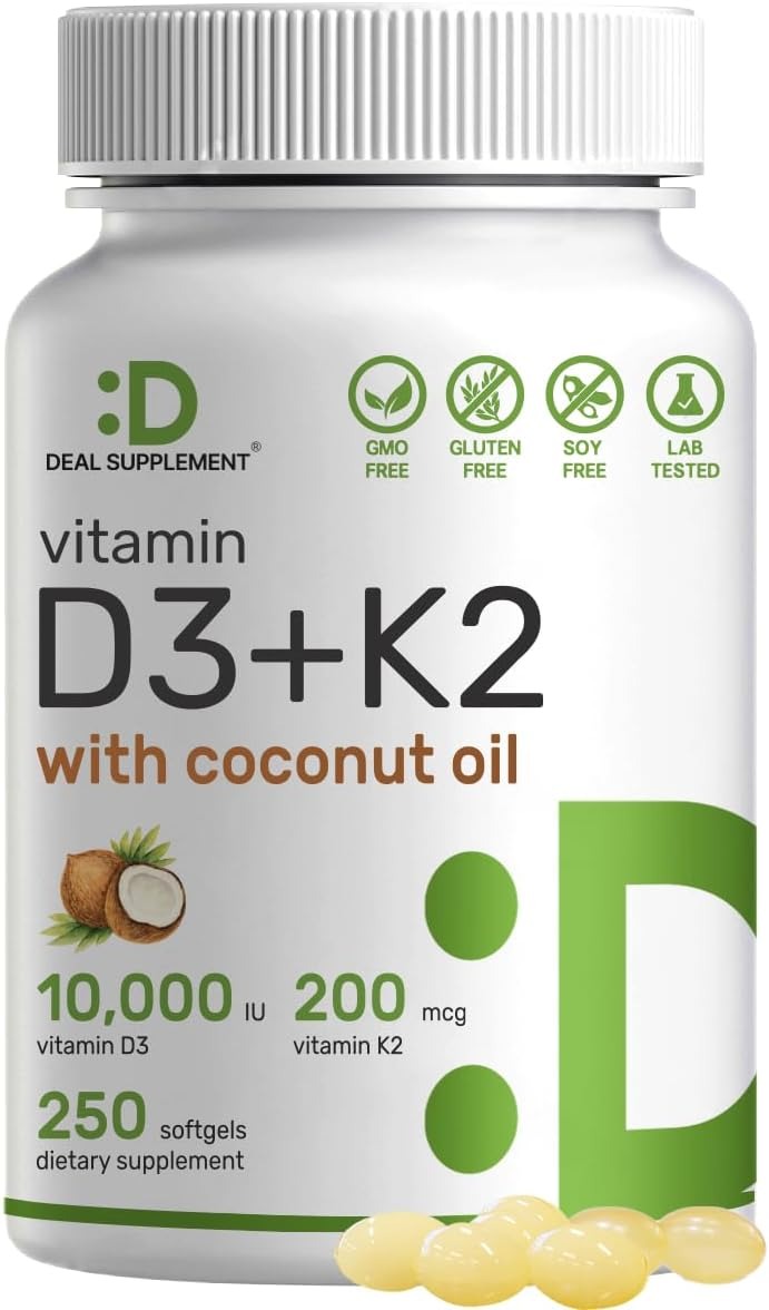 Витамин D3 Deal Supplement 10 000 МЕ + K2 MK7 200 мкг, 250 капсул alpha rise adk 10 витаминная добавка с витаминами a d3 10 000 ме k2 mk7 mk4 – 90 капсул