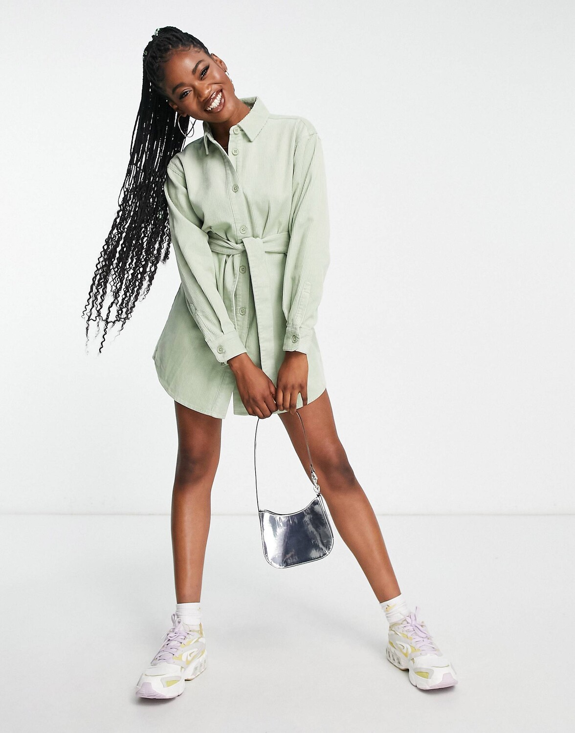 

Платье-рубашка цвета шалфея с вельветовым поясом ASOS DESIGN