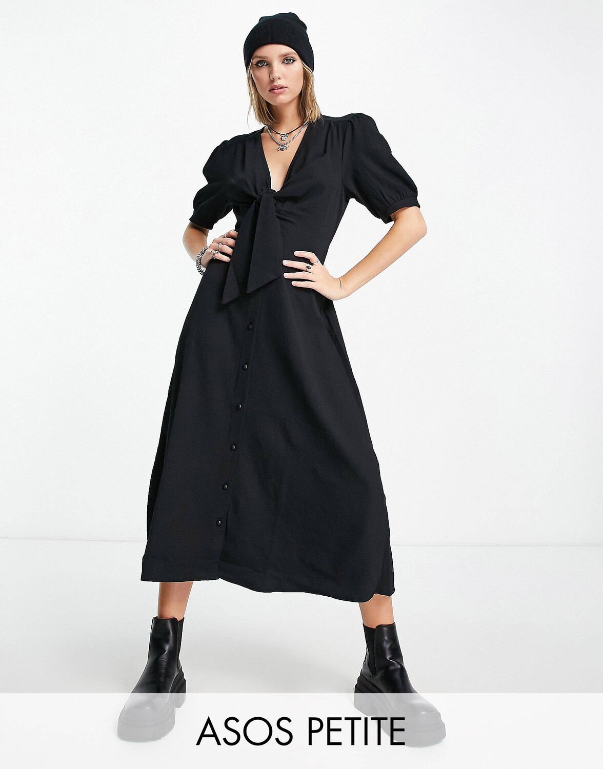 

Черное платье миди с завязками спереди и пуговицами ASOS DESIGN Petite, Черный