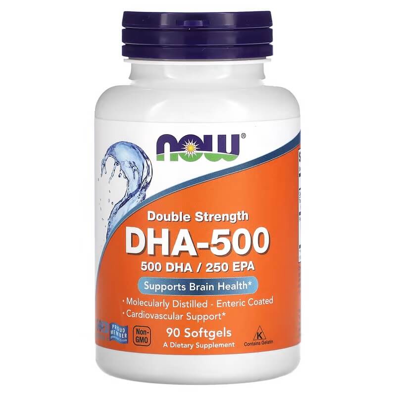 Рыбий жир DHA-500 NOW Foods двойная сила, 90 мягких таблеток рыбий жир и омега now foods dha 250 120 капсул