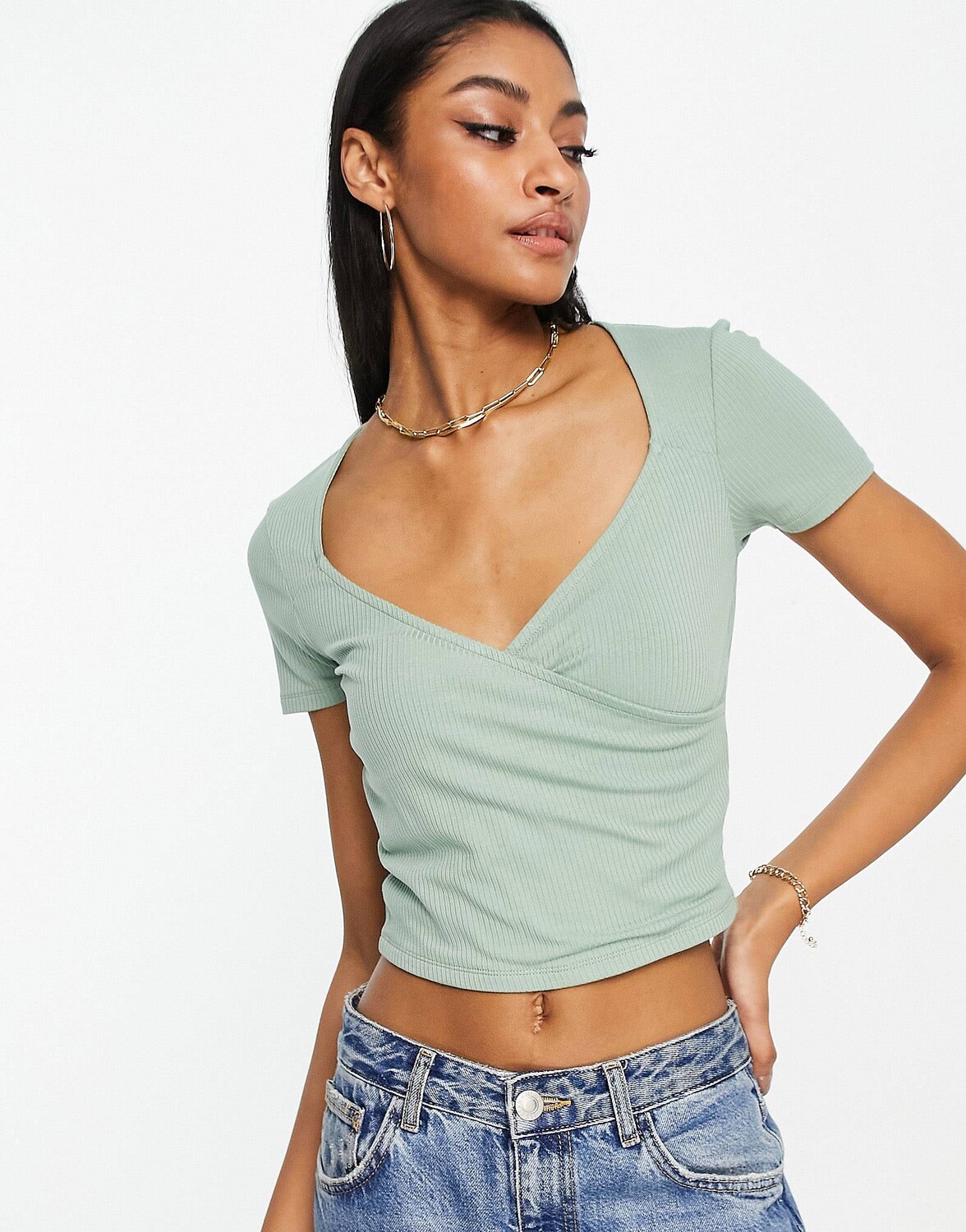 

Цвет шалфейного топа с запахом и короткими рукавами в рубчик ASOS DESIGN
