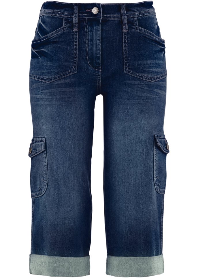 джинсы laredoute джинсы буткат завышенная талия 34 40 бежевый Комфортные эластичные джинсы-карго с удобным поясом длины капри Bpc Bonprix Collection, синий