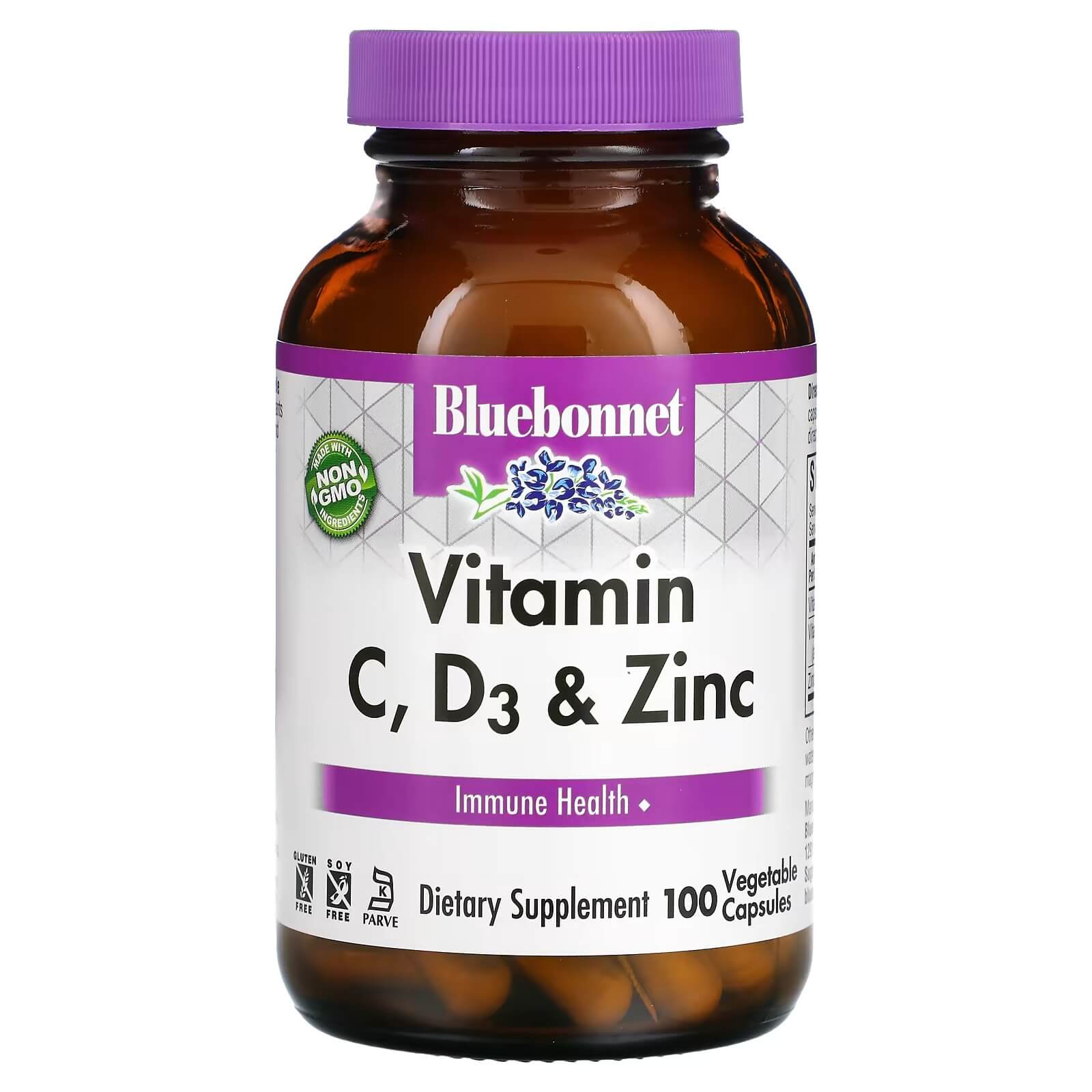 Витамины С, D3 и цинк Bluebonnet Nutrition, 100 капсул детские витамины без глютена с цинком и витамином с 90 штук