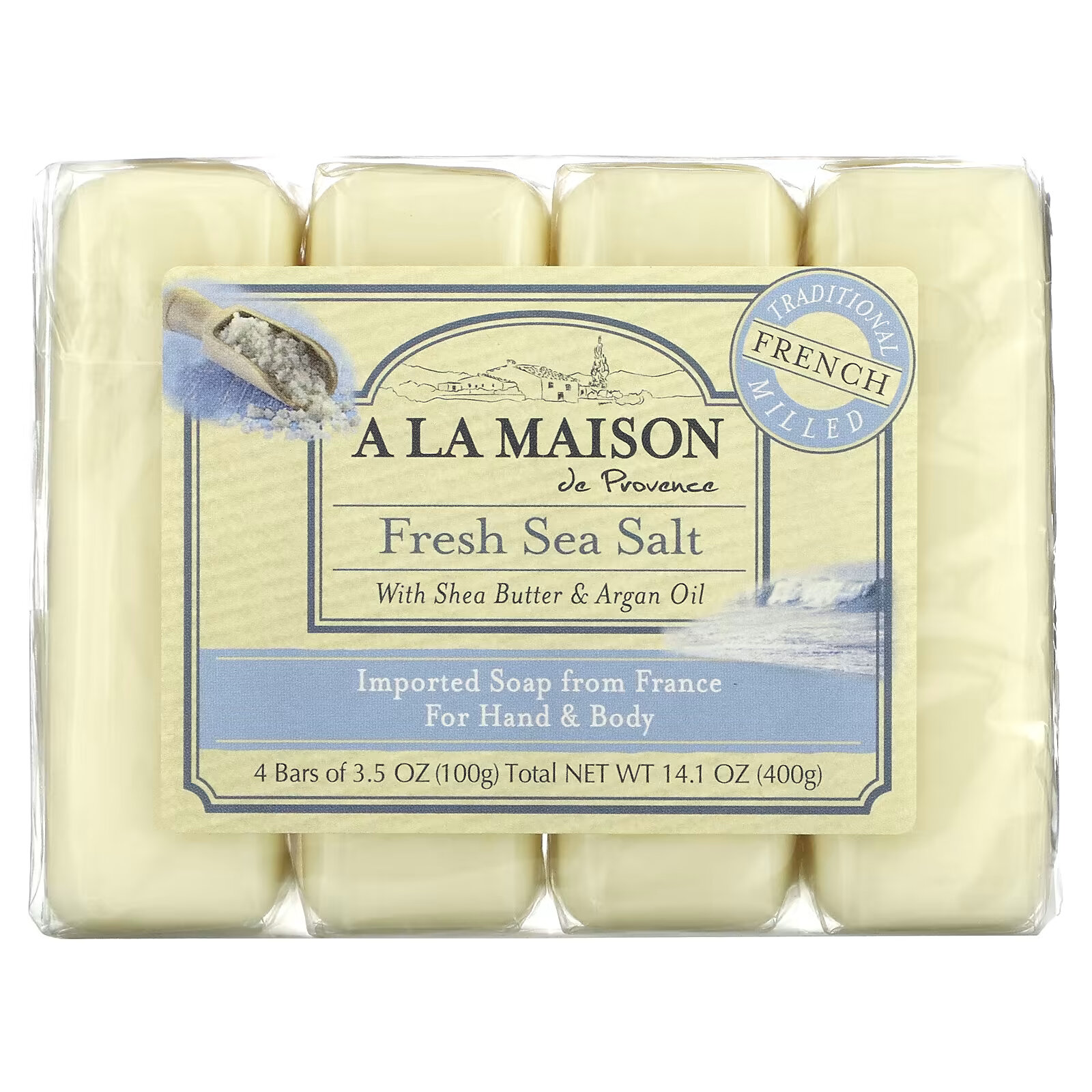 A La Maison de Provence, мыло для рук и тела, морская соль, 4 бруска по 100 г (3,5 унции) каждый a la maison de provence кусковое мыло для рук и тела с овсяным молоком 4 куска по 100 г 3 5 унции каждый