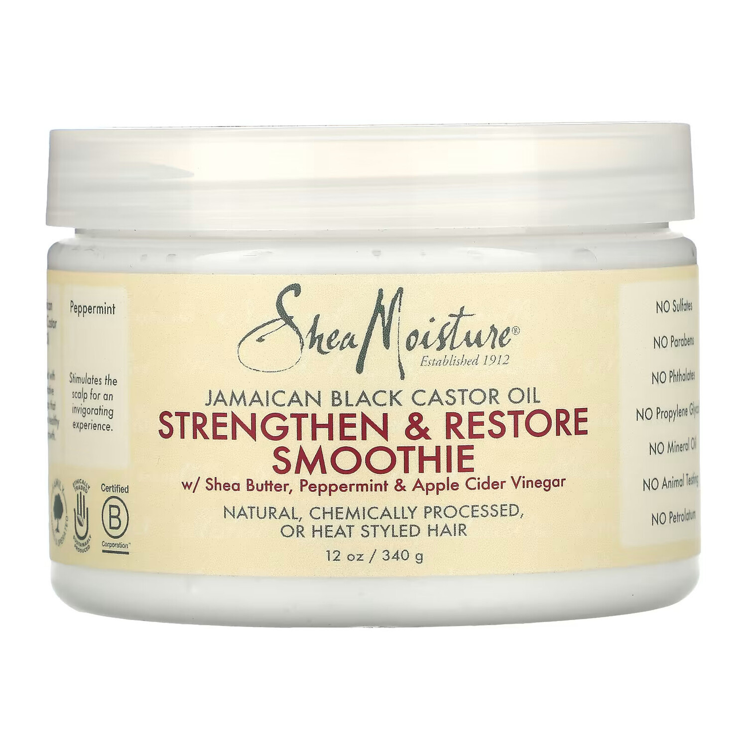 

SheaMoisture, Укрепляющий и восстанавливающий смузи с маслом ши, перечной мятой и яблочным уксусом, ямайским черным касторовым маслом, 340 г (12 унций)