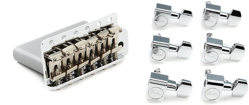 

Fender American Vintage Strat Tremolo Bridge Assembly — хромированный комплект с Fender American Professional Staggered Stratocaster/Telecaster Tuning Machines Set — Chrome 0990820100=1 0992049000=1