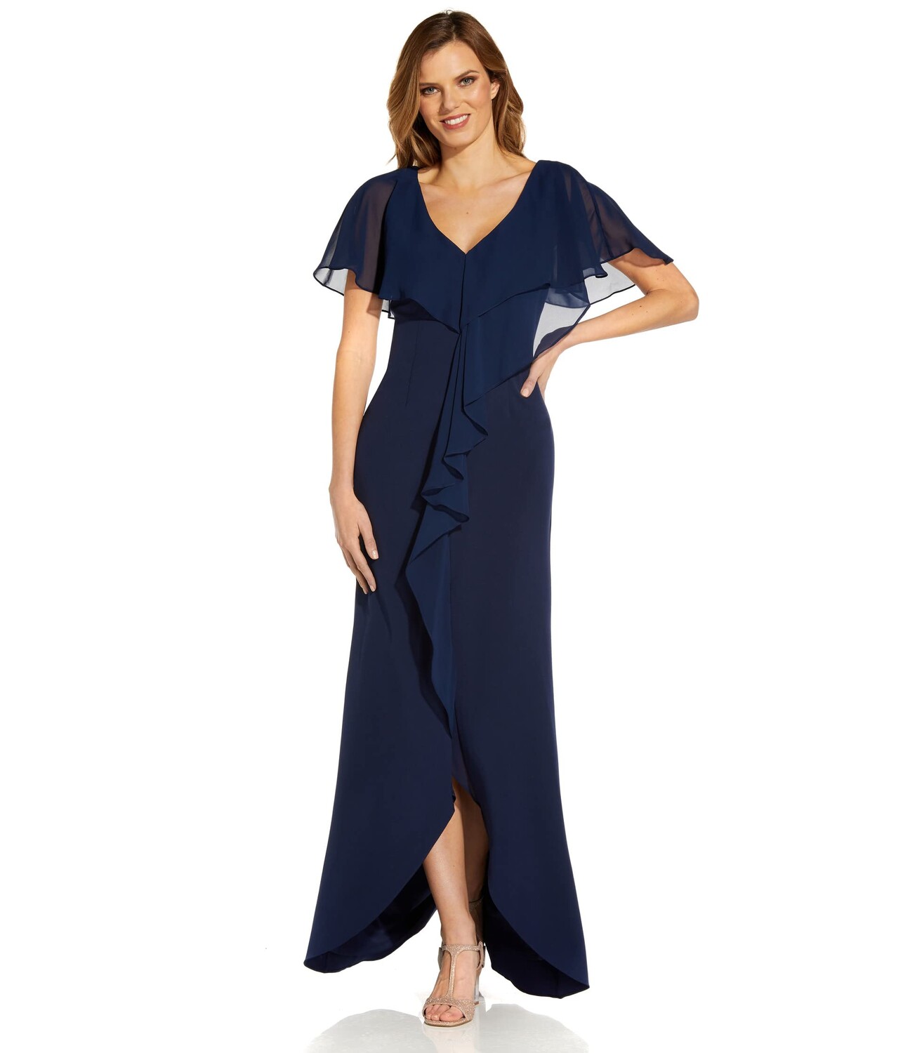 

Платье Adrianna Papell, Stretch Crepe and Chiffon Flutter Sleeve Cascade Gown