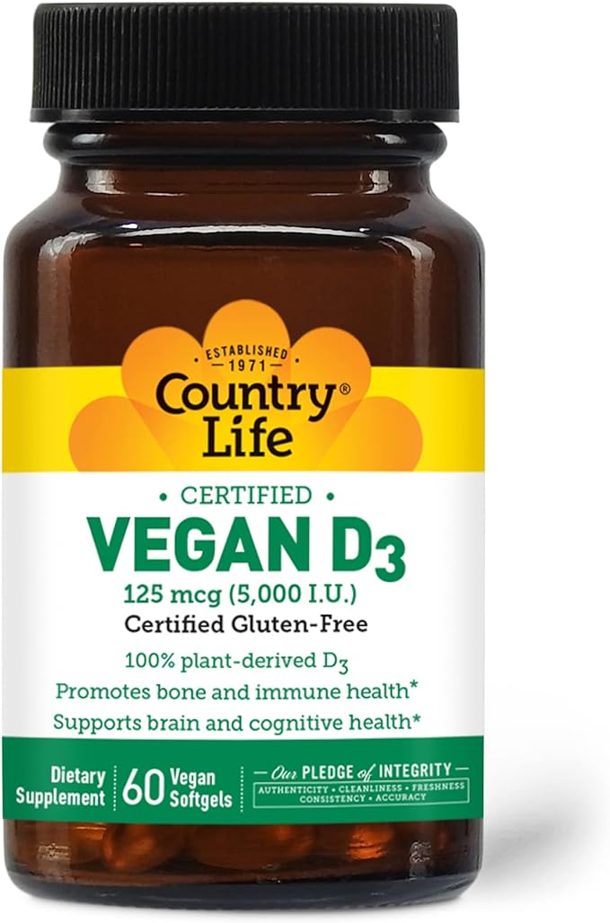 Country Life Vegan D3 5000 МЕ, 60 мягких таблеток swanson d3 с кокосовым маслом высочайшая эффективность 5000 ме 60 мягких таблеток