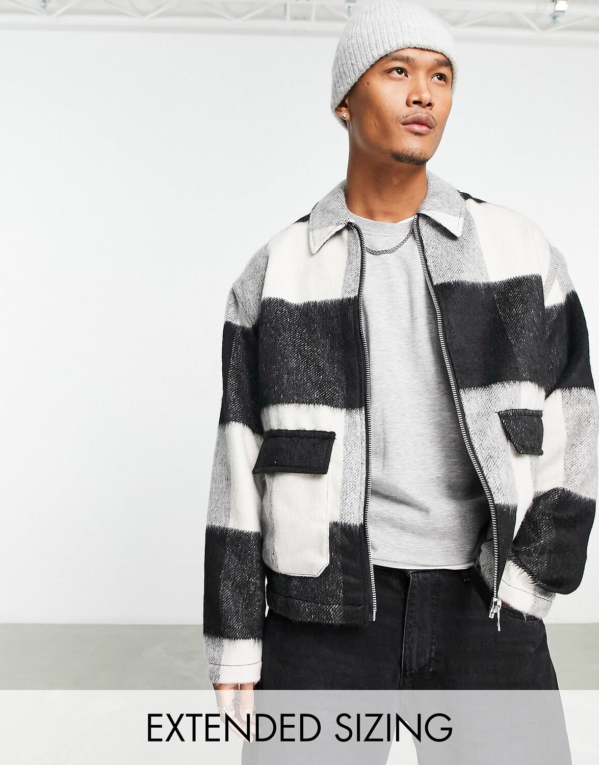 

Монохромная клетчатая куртка харрингтон с эффектом шерсти ASOS DESIGN, Серый