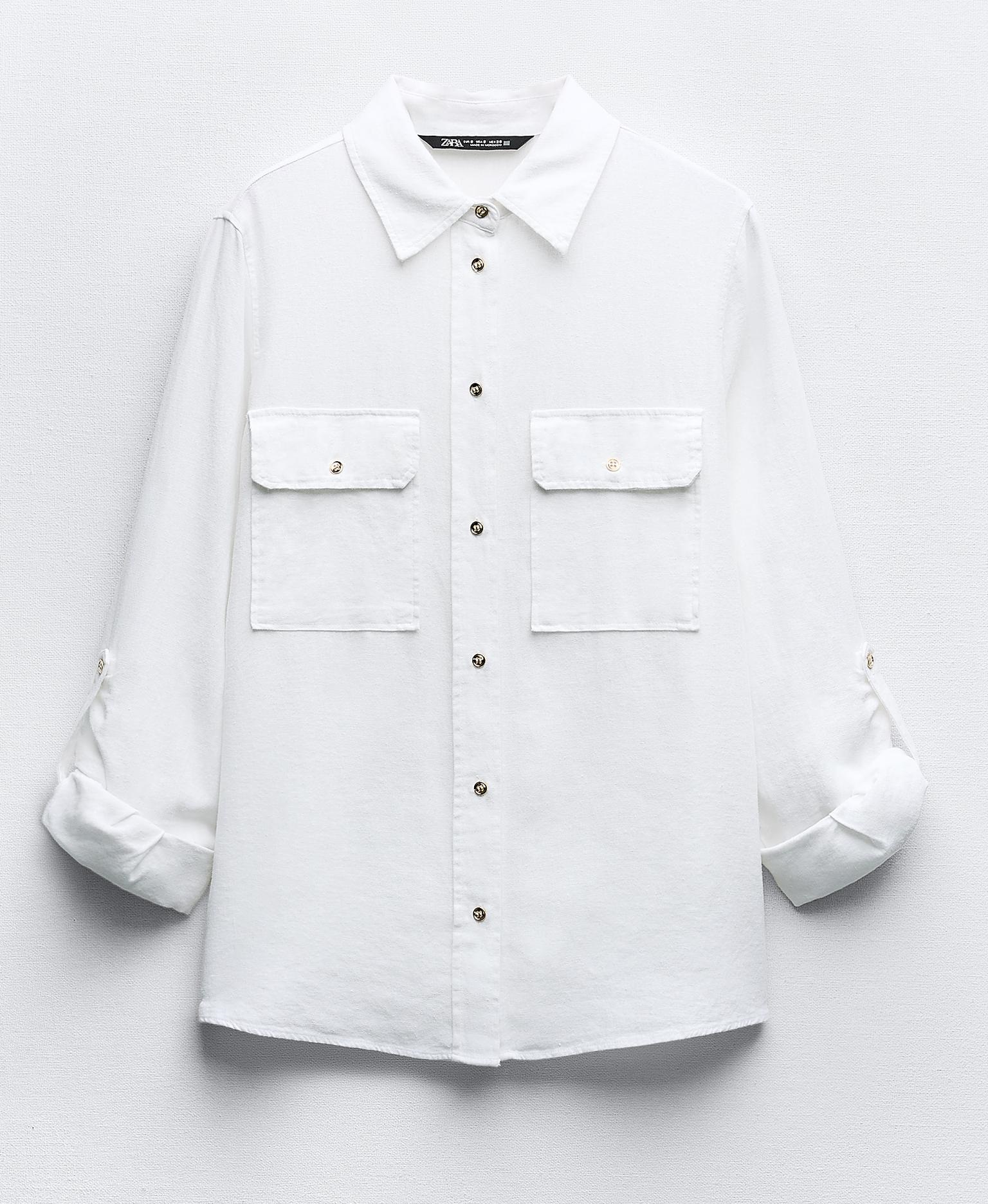 Рубашка Zara Roll-up Sleeve Linen-blend, белый
