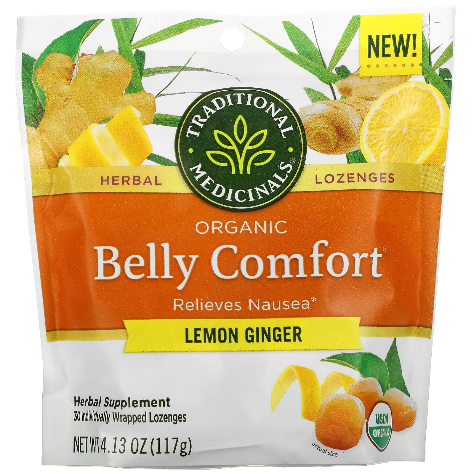 Растительные Добавки Traditional Medicinals Organic Belly Comfort, лимон и имбирь, 30 леденцов