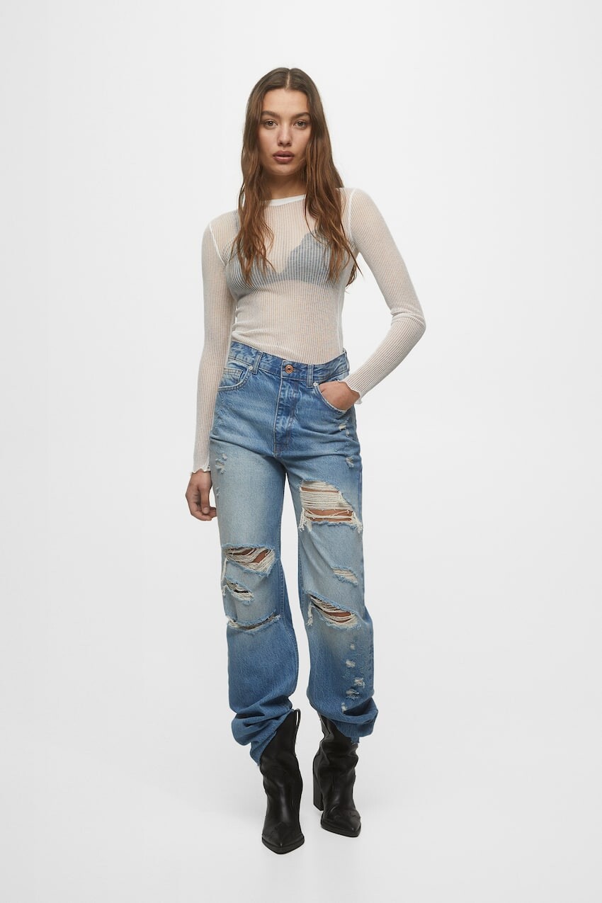 

Рваные джинсы прямого кроя Pull&Bear, синий