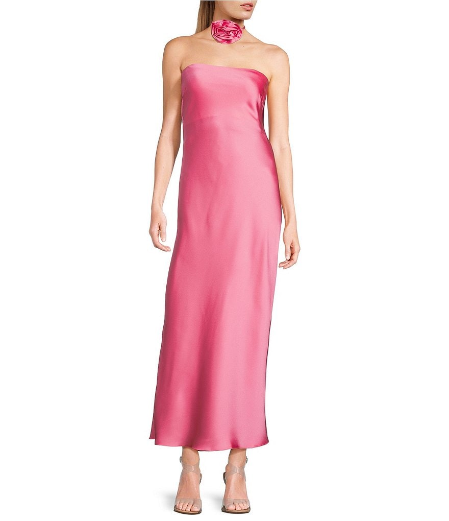 Атласное длинное платье с розочкой B. Darlin без бретелек, розовый