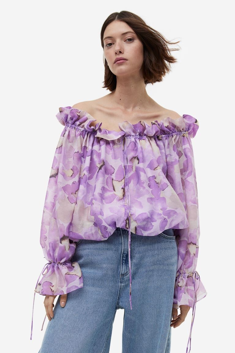

Блузка с открытыми плечами H&M, светло-фиолетовый/цветочный