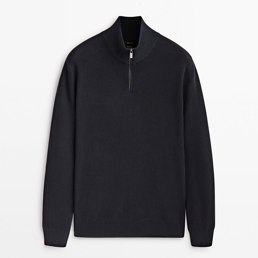 

Свитер Massimo Dutti Textured Mock Neck With Zip, тёмно-синий