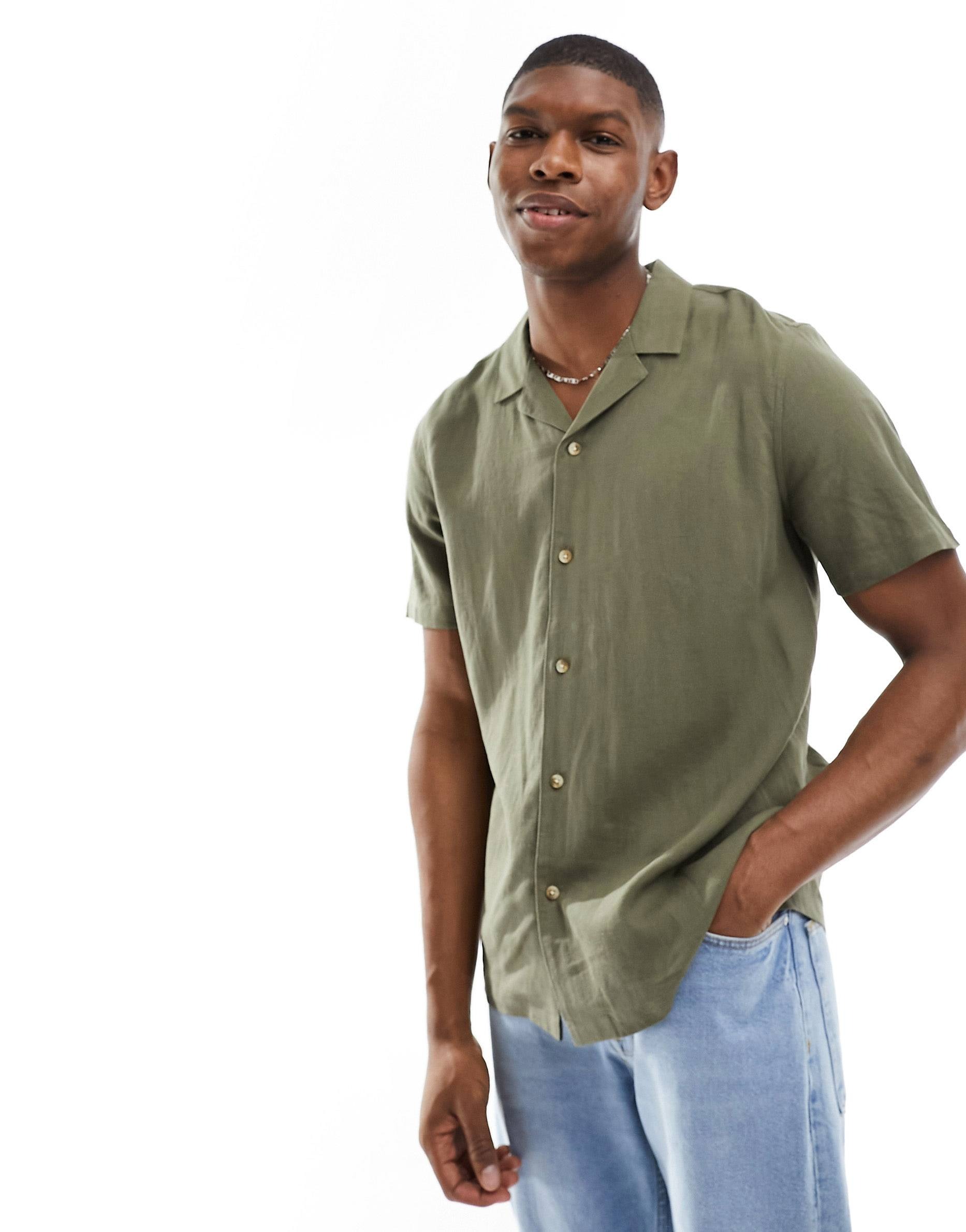 Рубашка New Look Linen, темный хаки рубашка из смесового льна