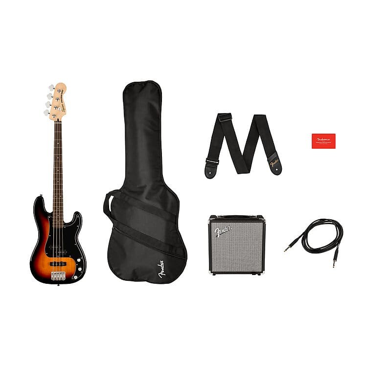 

Squier Affinity Precision Bass PJ Pack with Rumble 15 Combo, Laurel Fretboard, Gig Bag - Present - 3-Color Sunburst