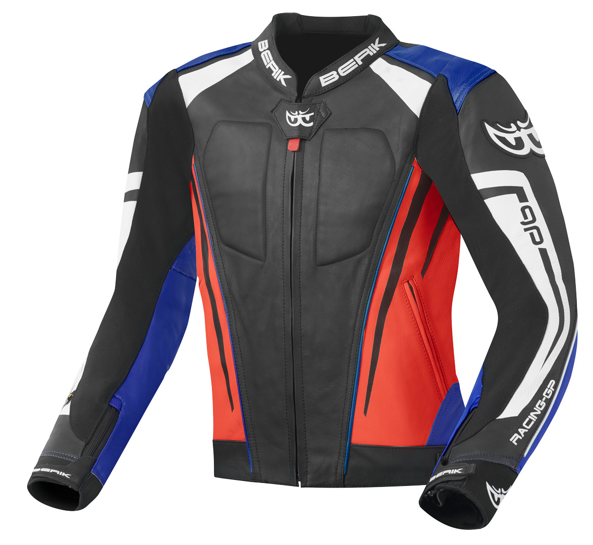 Мотоциклетная кожаная куртка Berik Striper Evo с двойной кожей на локтях и плечах, черный/красный/синий