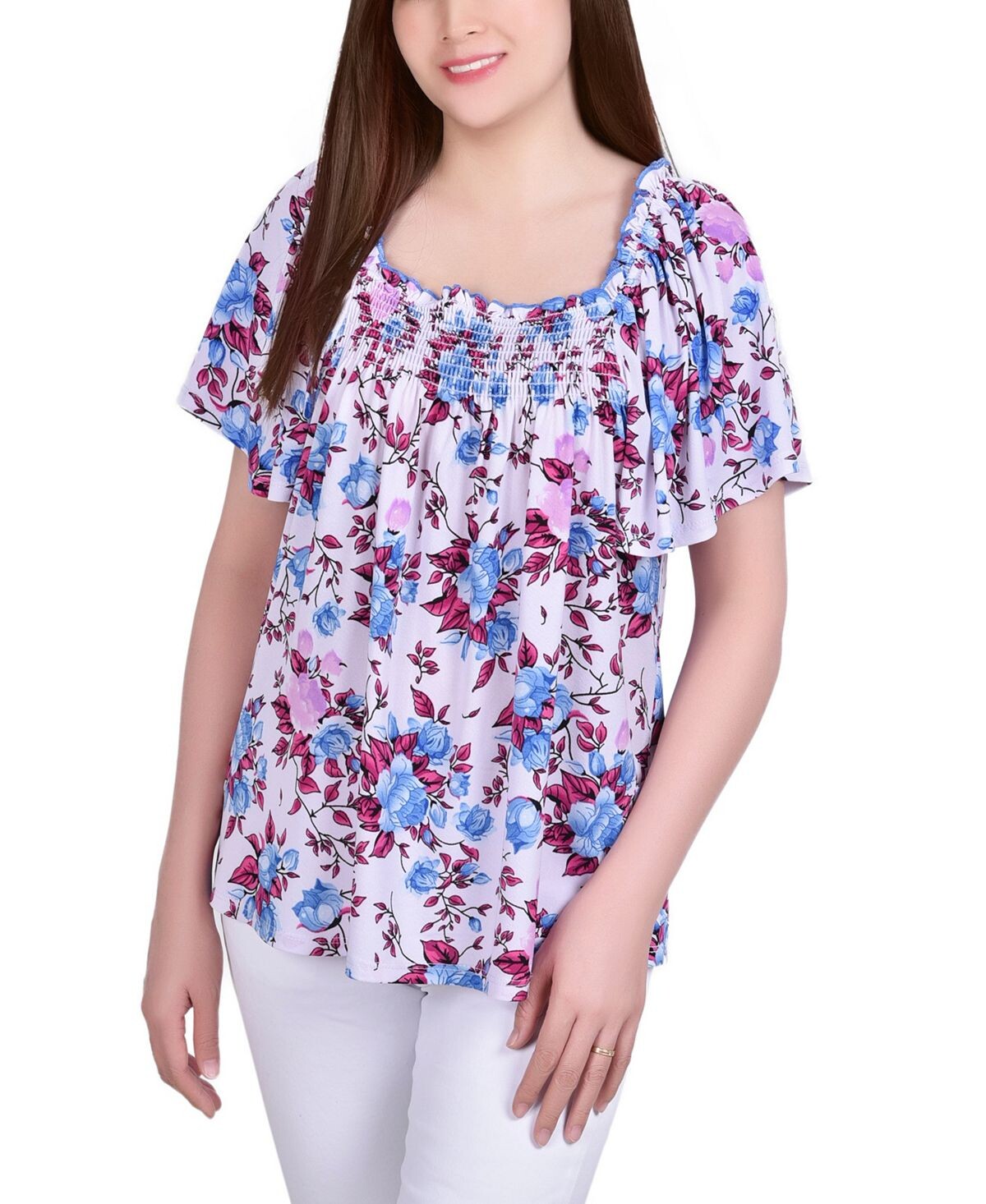 

Топ из крепа с короткими рукавами и квадратным вырезом petite NY Collection, мульти
